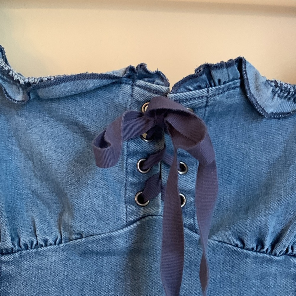 Urban Outfitters Nayda Denim jean Mini Dress Lace Up Sweetheart Neckline - Picture 4 of 11
